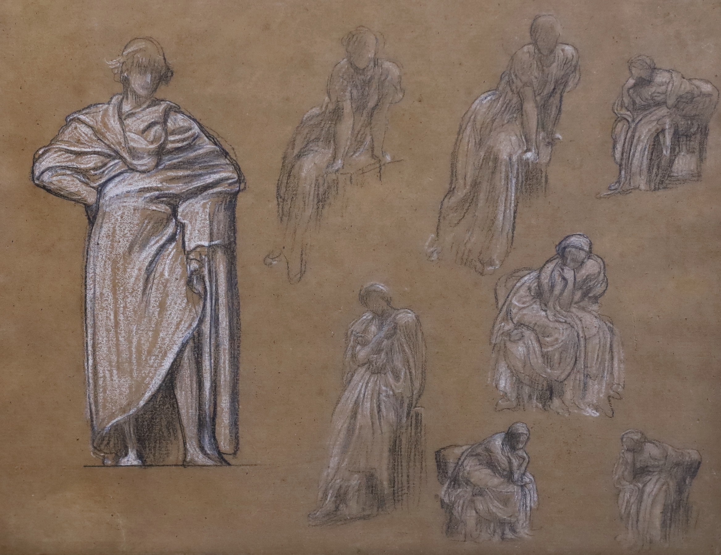 Lord Frederic Leighton, P.R.A. (British, 1830-1896), Studies for Music (a Frieze) for No. 1 Audley Street, black and white chalk on sepia paper, 26 x 34.5cm